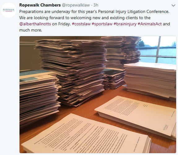 Tweet: preparations are underway for RopeWalk Chambers 12th Personal Injury Litigation Conference